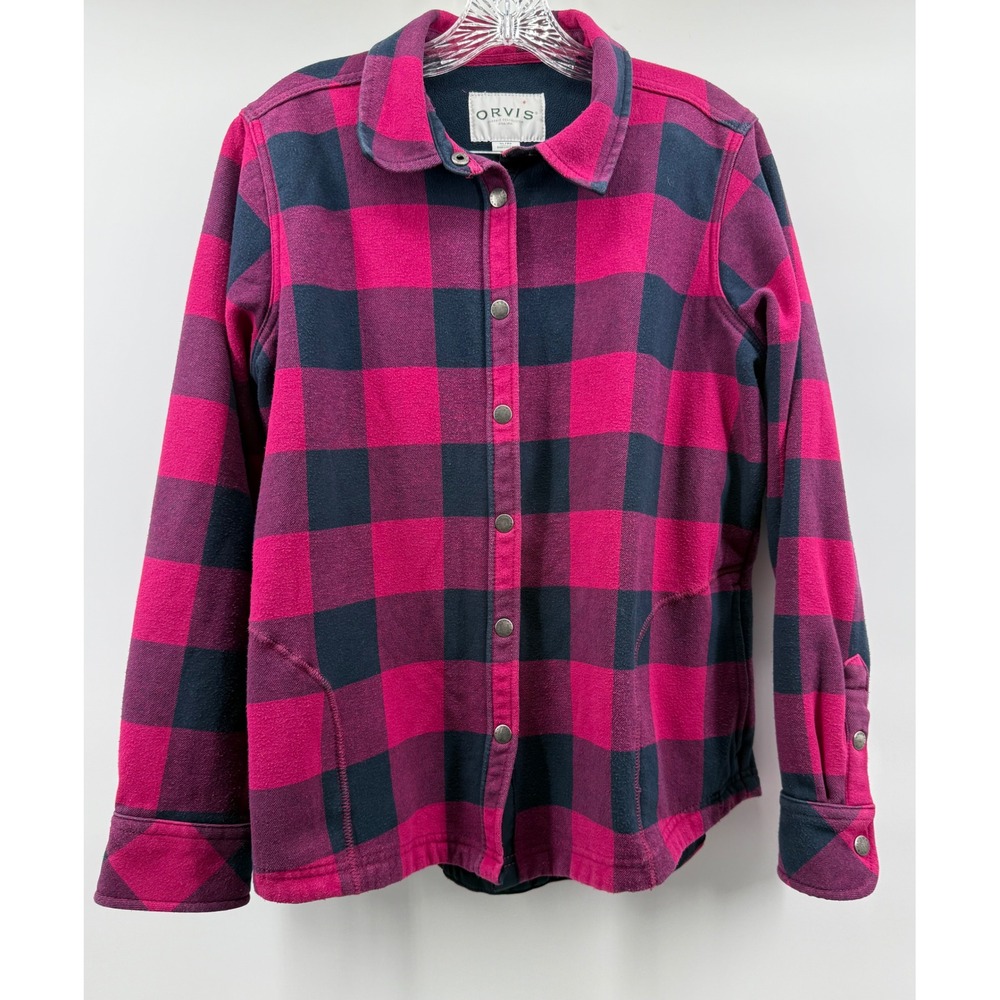 Orvis Red Black Buffalo Plaid Fleece Lined Snap Front Shirt Jacket Womens XL